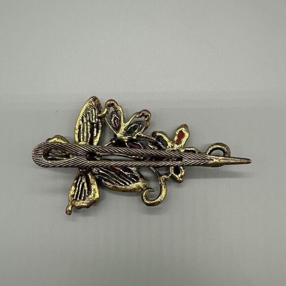 Vintage 1980s Hair Clip Gold Colored Metal Butterfly Colorful Rhinestones Beads - Picture 4 of 7